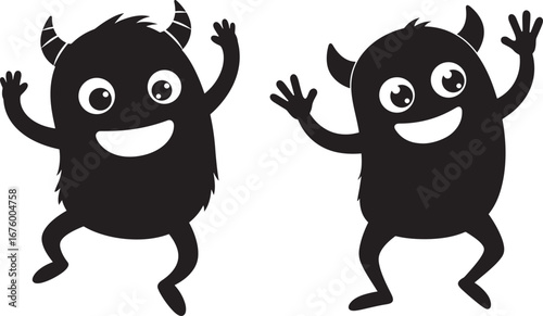 Two happy cartoon monsters dancing together silhouette