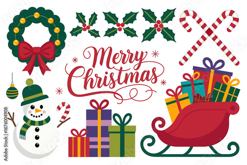 Vector art of christmas elements including a snowman, sleigh full of gifts, candy canes, holly, and a wreath