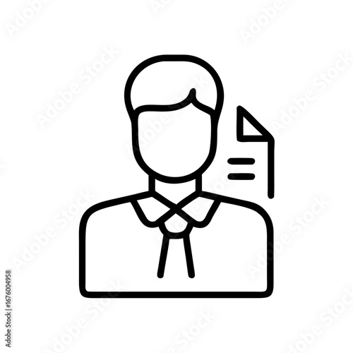 Outline of a person wearing a tie and shirt with a document icon next to them in a simple design style