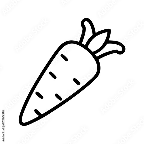 A simple line drawing of a carrot with leaves and small lines on the carrot on a white background image