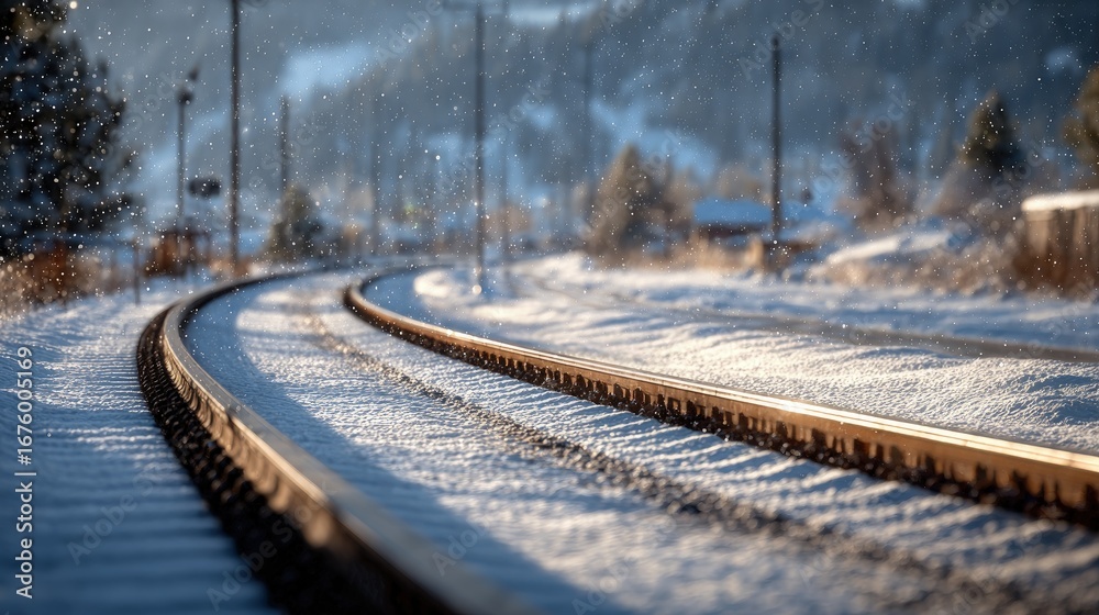 Fototapeta premium Snowy Train Tracks In Winter Landscape
