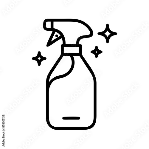 Outline drawing of a cleaning spray bottle with trigger and sparkling stars on a white background view