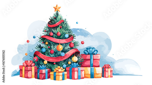 Vector art of festive christmas tree decorated with red ribbon and ornaments, surrounded by gift boxes