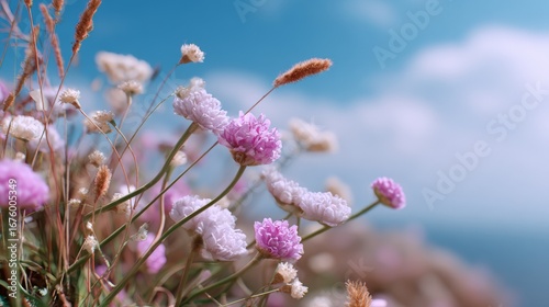 Vibrant wildflowers against blue sky with fluffy clouds.
