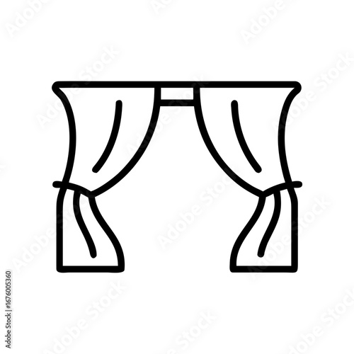 Illustration of tied back curtains hanging from a rod in a simple black outline design on white background