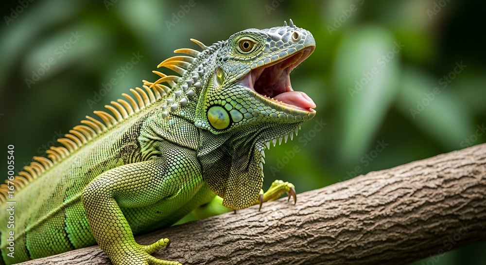 Obraz premium Green Iguana with Mouth Open on a Branch.