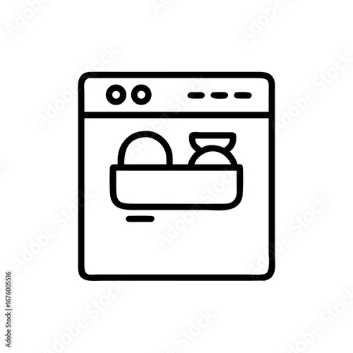 Illustration of a dishwasher with dishes inside in a simple black and white line drawing style icon