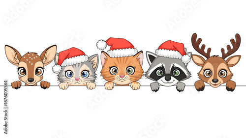Vector art of cute cartoon baby animals wearing santa hats peeking over a ledge