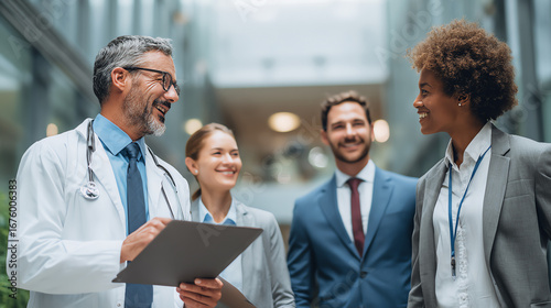 A diverse team of professionals engaging in a discussion at a healthcare facility, highlighting collaboration and innovation.