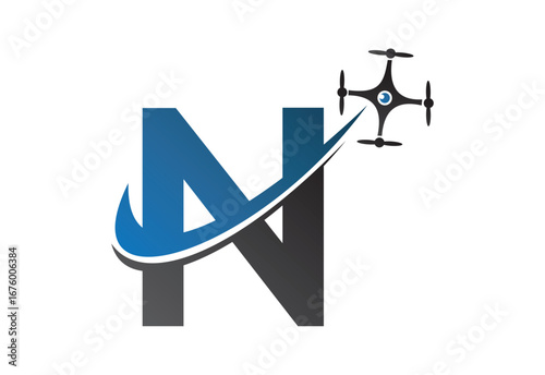 Latter N drone logo design template with blue and gray color