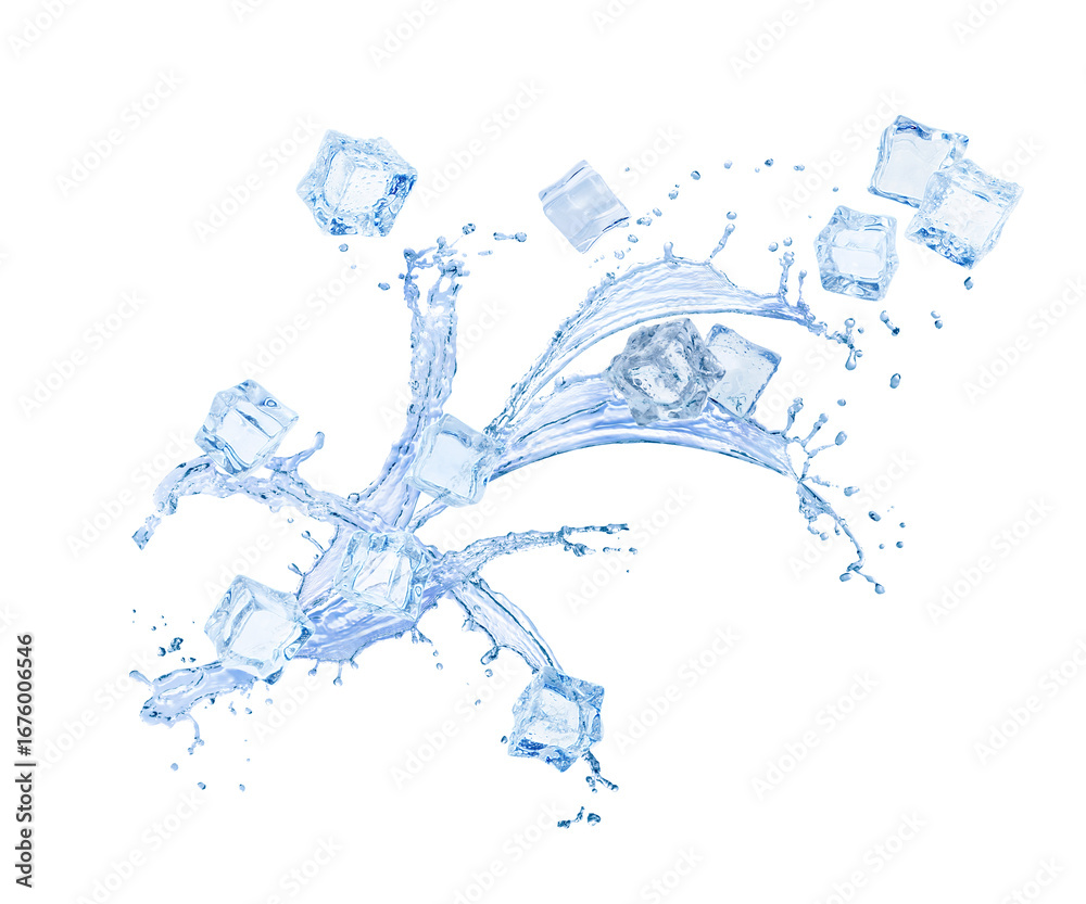 Obraz premium Ice cubes and splashing water on white background