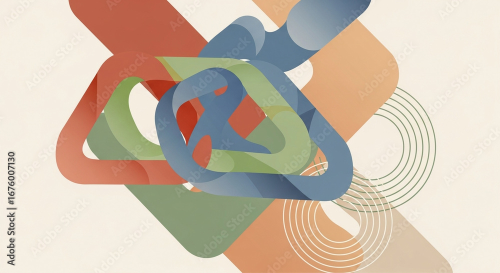 Naklejka premium Abstract geometric shapes in red, green, blue, and tan are layered on a cream background. Circles, triangles, and rounded rectangles create a modern, colorful design.