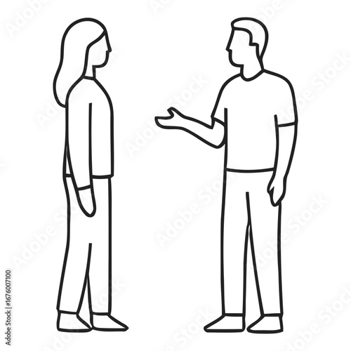  Two people standing facing each other in a simple line drawing conversation