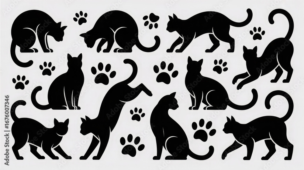 Fototapeta premium Collection of black cat silhouettes and paw prints isolated on white background