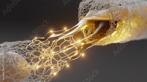 3D visualization of skin collagen fibers being repaired and reinforced by a glowing golden serum, illustrating rejuvenation, elasticity boost, and advanced skincare science.
