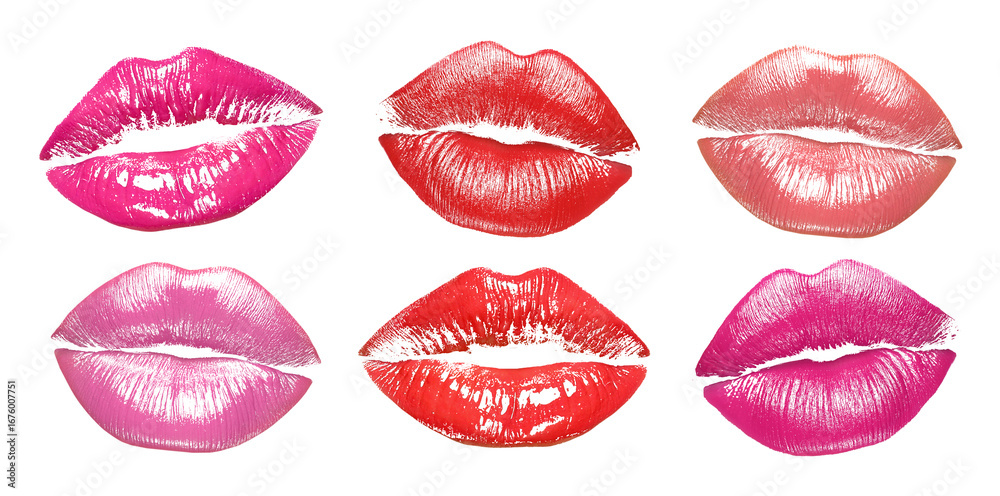 Obraz premium Lipstick kiss marks in different colors on white background, set