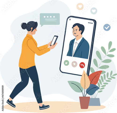 Person Answering a Video Call on Smartphone with Virtual Meeting Display