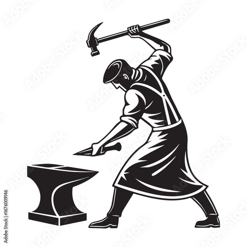 Blacksmith working on anvil with hammer isolated on white background