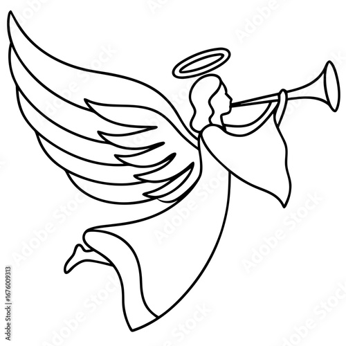 Angel Blowing Trumpet Line Art for Religious Cards, Christmas Greetings, Church Illustrations, Bible Study Material, Spiritual Websites