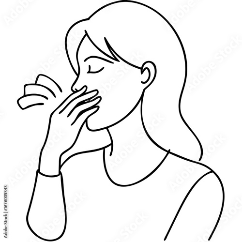 Woman Covering Her Mouth Suffering from Hay Fever Line Art for Health Awareness, Educational Materials, Medical Websites, and Allergy Related Content