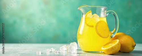 Refreshing homemade lemonade cooling down in a pitcher with ice cubes, ready to quench thirst on a hot day  Perfect summer beverage ,  lemon,  juicy