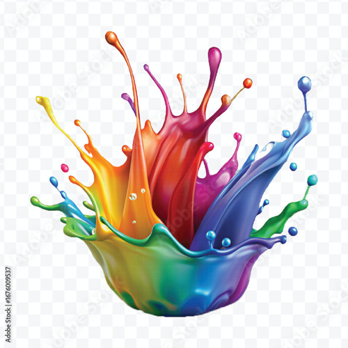realistic 3d multi or rainbow color liquid paint splash isolated on transparent background