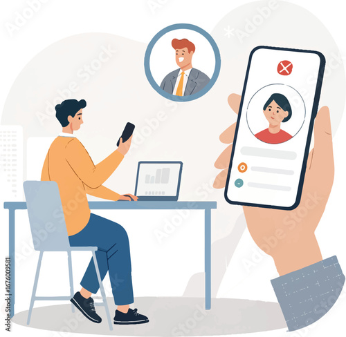 Online Video Call Rejected on Smartphone with Office Worker in Background
