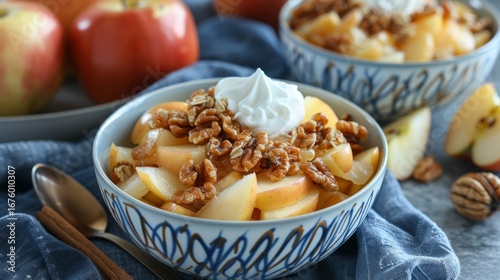 This dessert combines the natural sweetness and tartness of the apples with the rich, creamy, and crunchy textures of the toppings.