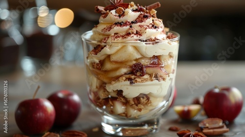 This dessert combines the natural sweetness and tartness of the apples with the rich, creamy, and crunchy textures of the toppings.