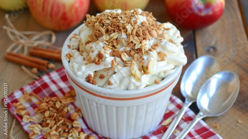 This dessert combines the natural sweetness and tartness of the apples with the rich, creamy, and crunchy textures of the toppings.