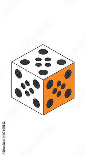 Illustrative isometric projection of a white cubic dice with orange side showing four dots