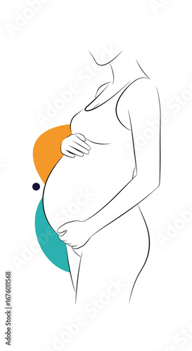 Elegant outline drawing of a pregnant woman holding her belly with abstract color shapes and dots