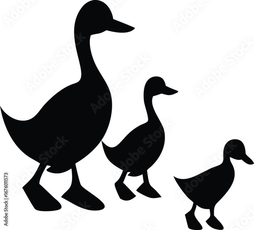 Silhouette of a mother duck and her ducklings walking together in harmony