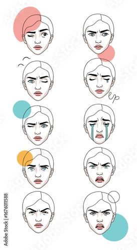 Collection of diverse female facial expressions showing various emotions and feelings depicted in a simple line drawing style