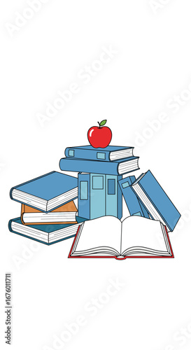 An assortment of stacked books and an apple on top representing education and learning concepts