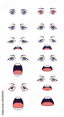 Collection of expressive anime eye and mouth illustrations showing various emotions and reactions