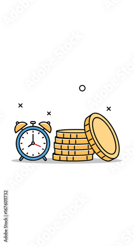 Time is money concept with alarm clock and stack of coins illustration