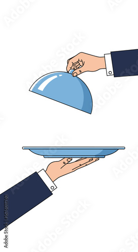 Professional service unveiling a delicious meal on a tray with cloche