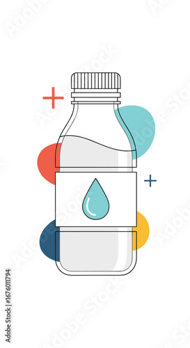 Clear refreshing water bottle with colorful abstract shapes and plus signs for hydration concept