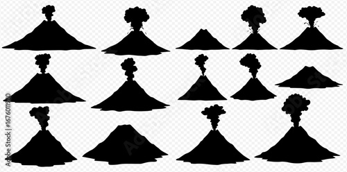 Collection of black silhouette volcano illustrations showing various eruption stages.