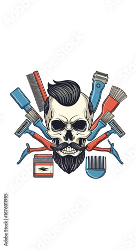 Skilled barber skull with vintage hair styling tools and grooming accessories for men