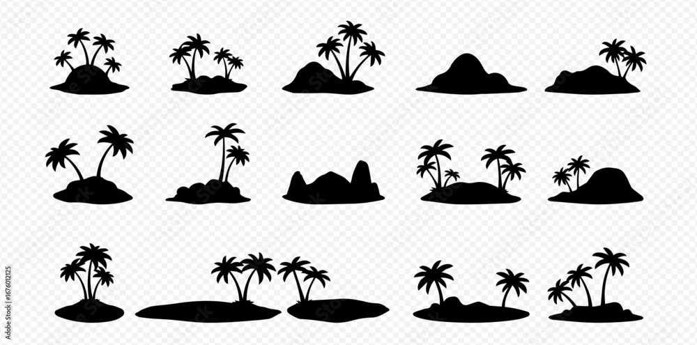 Naklejka premium Collection of tropical island silhouettes; various palm tree and landmass shapes.