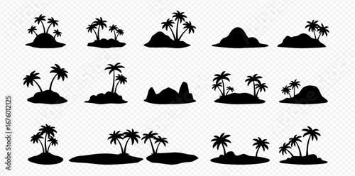 Collection of tropical island silhouettes; various palm tree and landmass shapes.