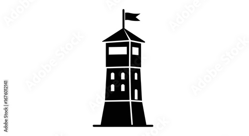 Black silhouette of a tower with a flag on top, simple design.