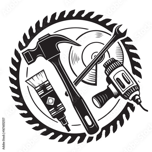Illustration of various tools arranged in a circle isolated on white background