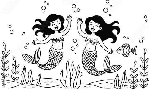 Happy mermaids high-five underwater; playful black and white line art illustration.