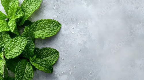 Fresh Mint Leaves on Light Gray Stone Background with Water Droplets and Copy Space perfect for culinary branding, menu design, recipe blogs and natural product packaging