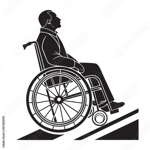 Man in wheelchair using a ramp for accessibility isolated on white background