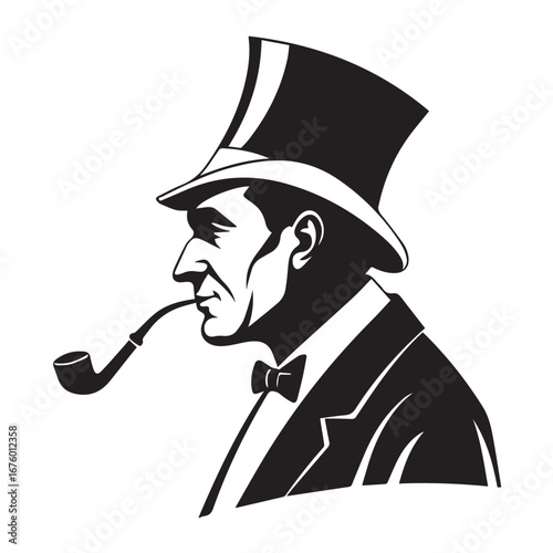 Man with a top hat and smoking pipe isolated on white background