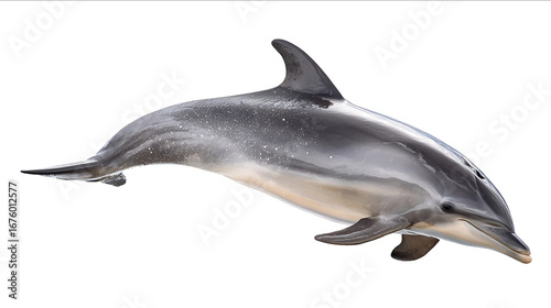 Beautiful realistic dolphin jumping fullbody side view isolated on a white background highresolution photography